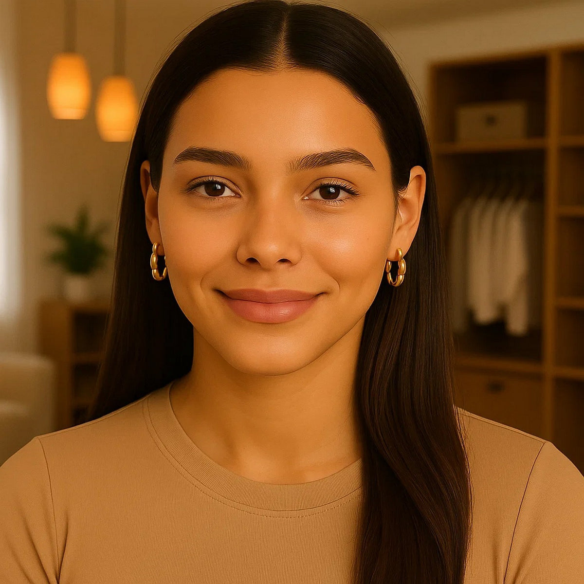 Rice Bead Huggie Hoop Earrings in 14K Yellow Gold, worn