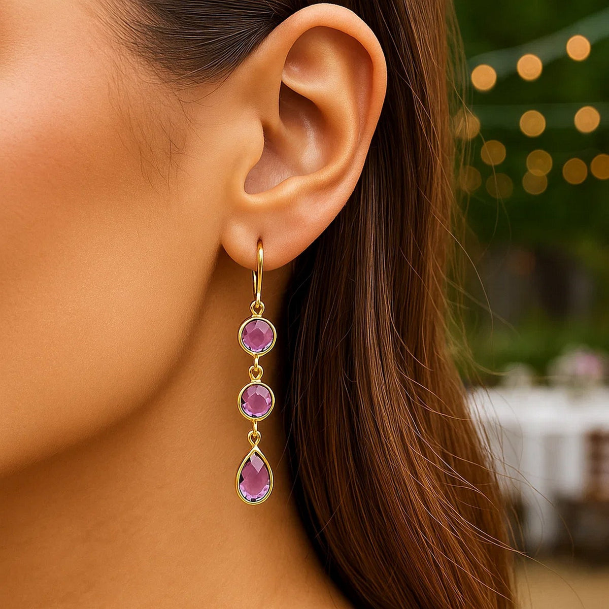Round and Pear Amethyst Drop Earrings in 14K Yellow Gold, worn