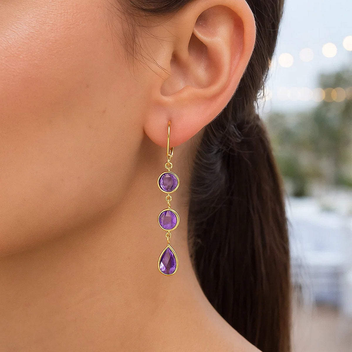 Round and Pear Amethyst Drop Earrings in 14K Yellow Gold, worn