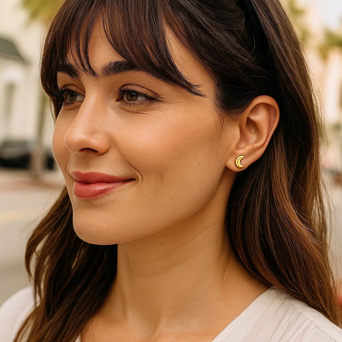 Crescent Moon Stud Earrings in 14K Yellow Gold, worn
