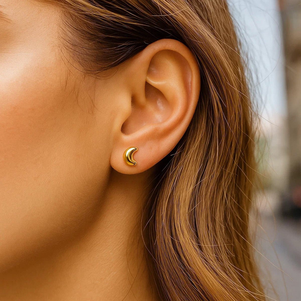 Crescent Moon Stud Earrings in 14K Yellow Gold, worn