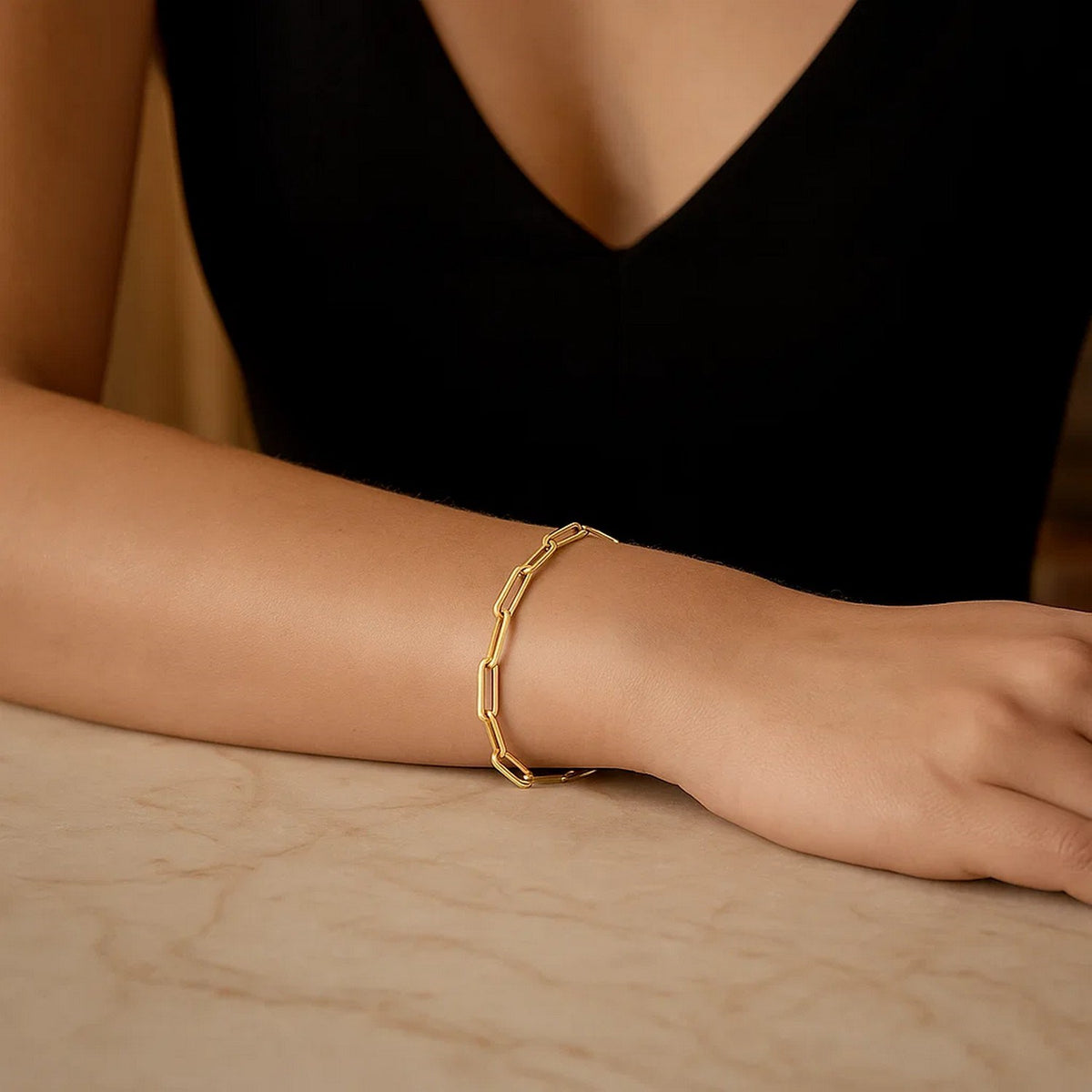 Bold Paperclip Chain Bracelet in 14K Yellow Gold, worn