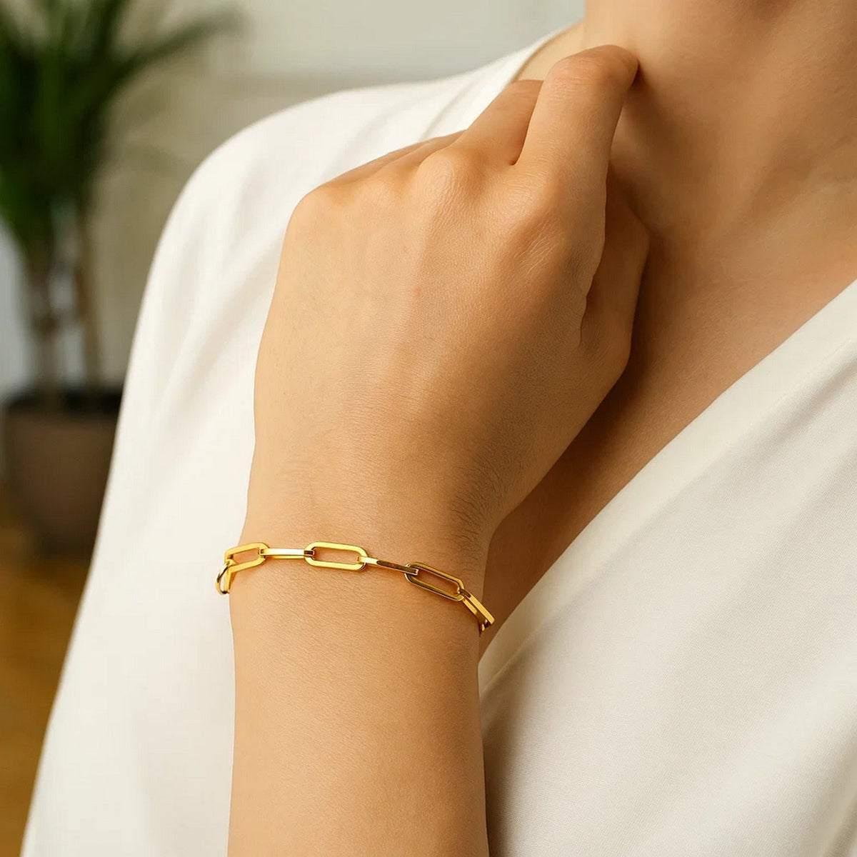 Bold Paperclip Chain Bracelet in 14K Yellow Gold, worn