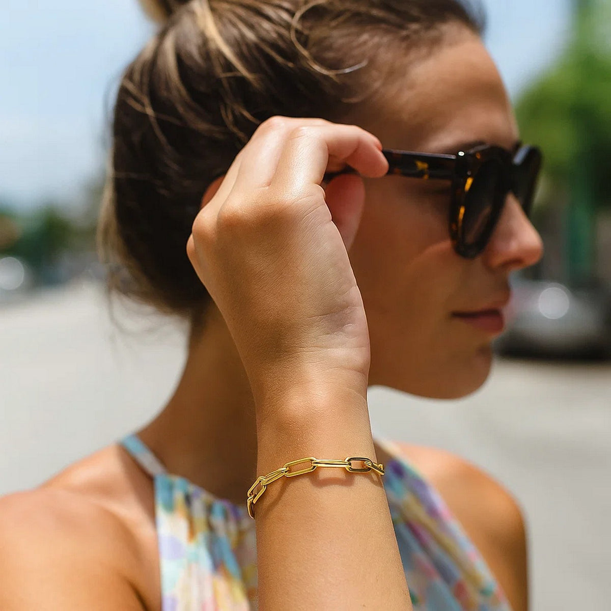 Bold Paperclip Chain Bracelet in 14K Yellow Gold, worn