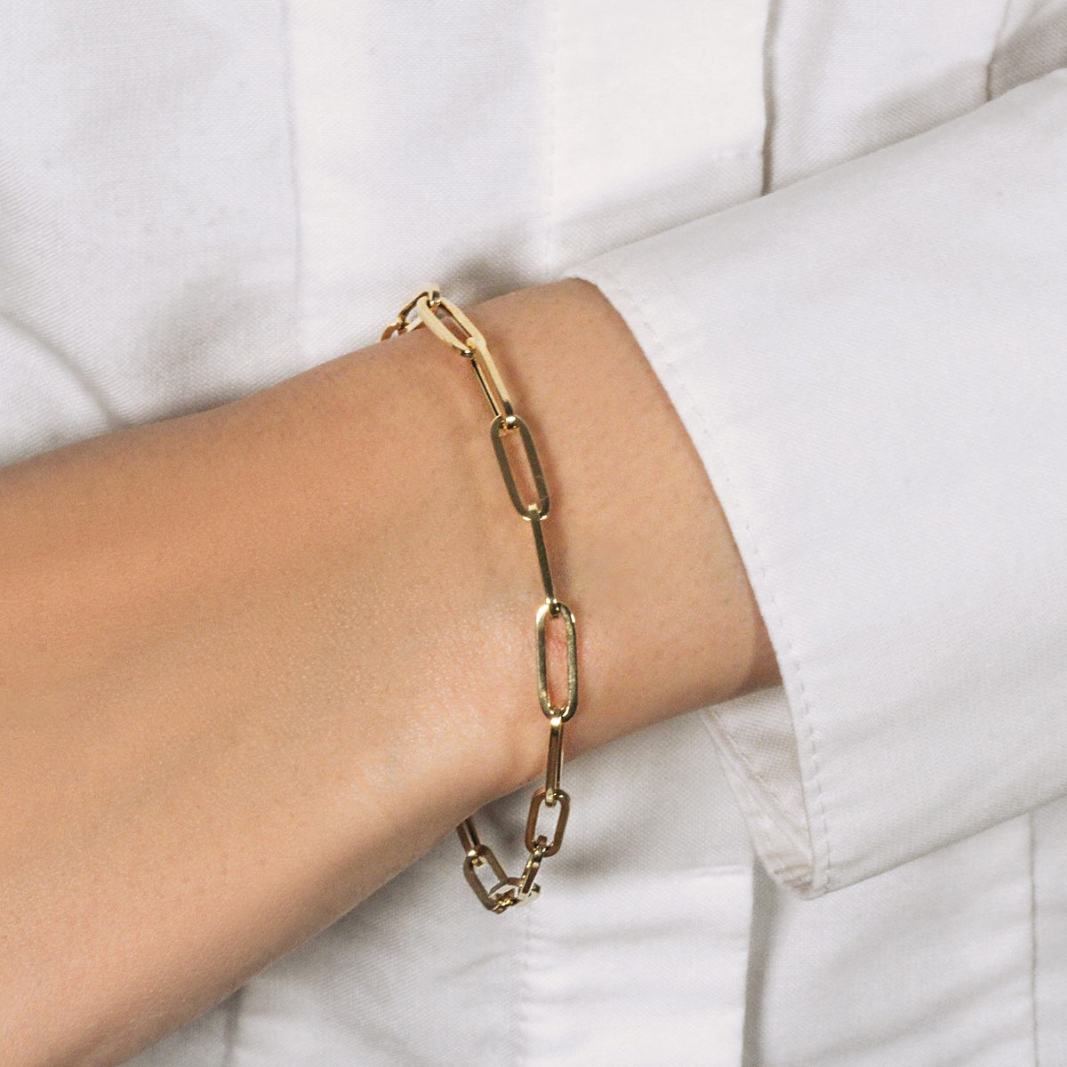 Bold Paperclip Chain Bracelet in 14K Yellow Gold, worn