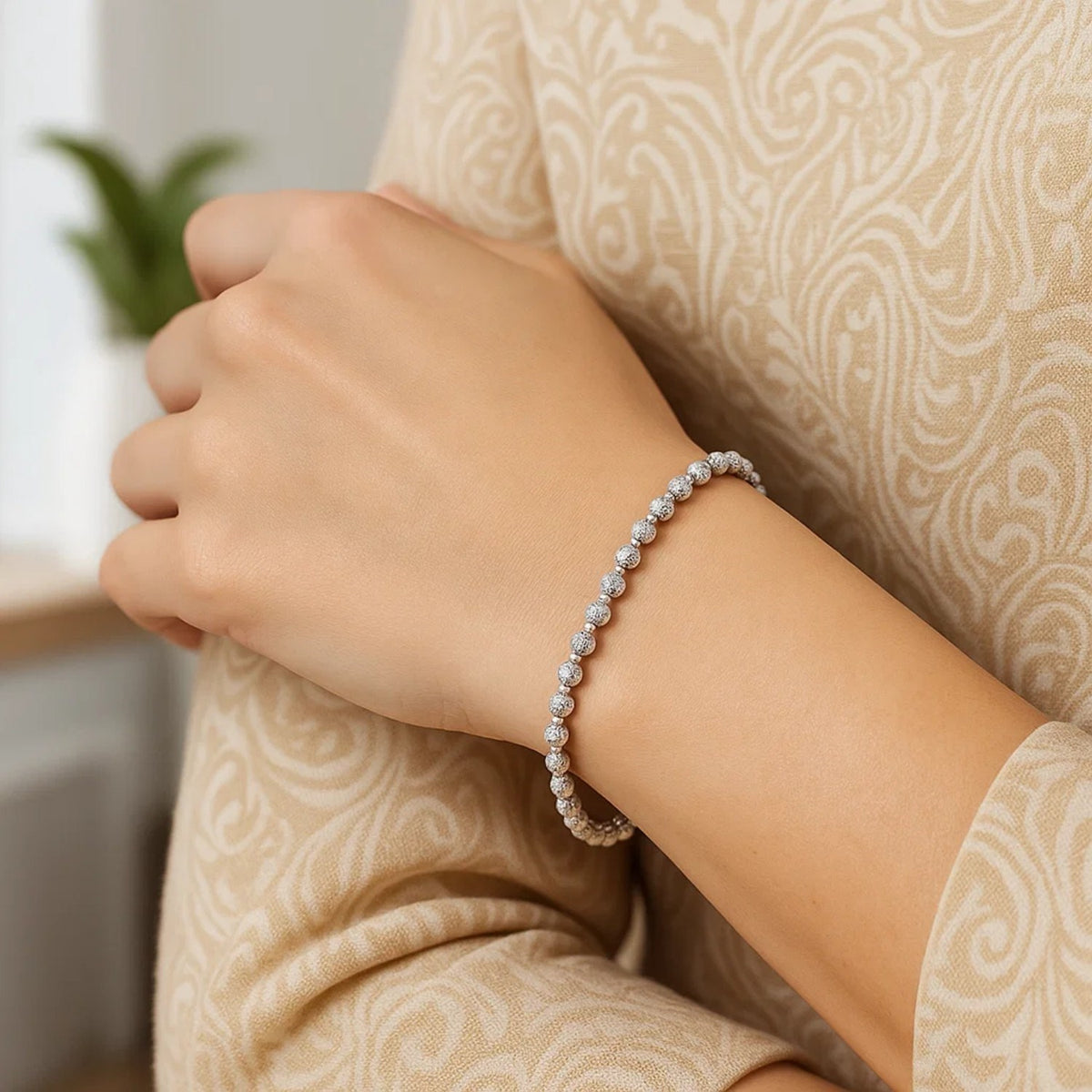 Disco Bead Bracelet in 14K White Gold, worn