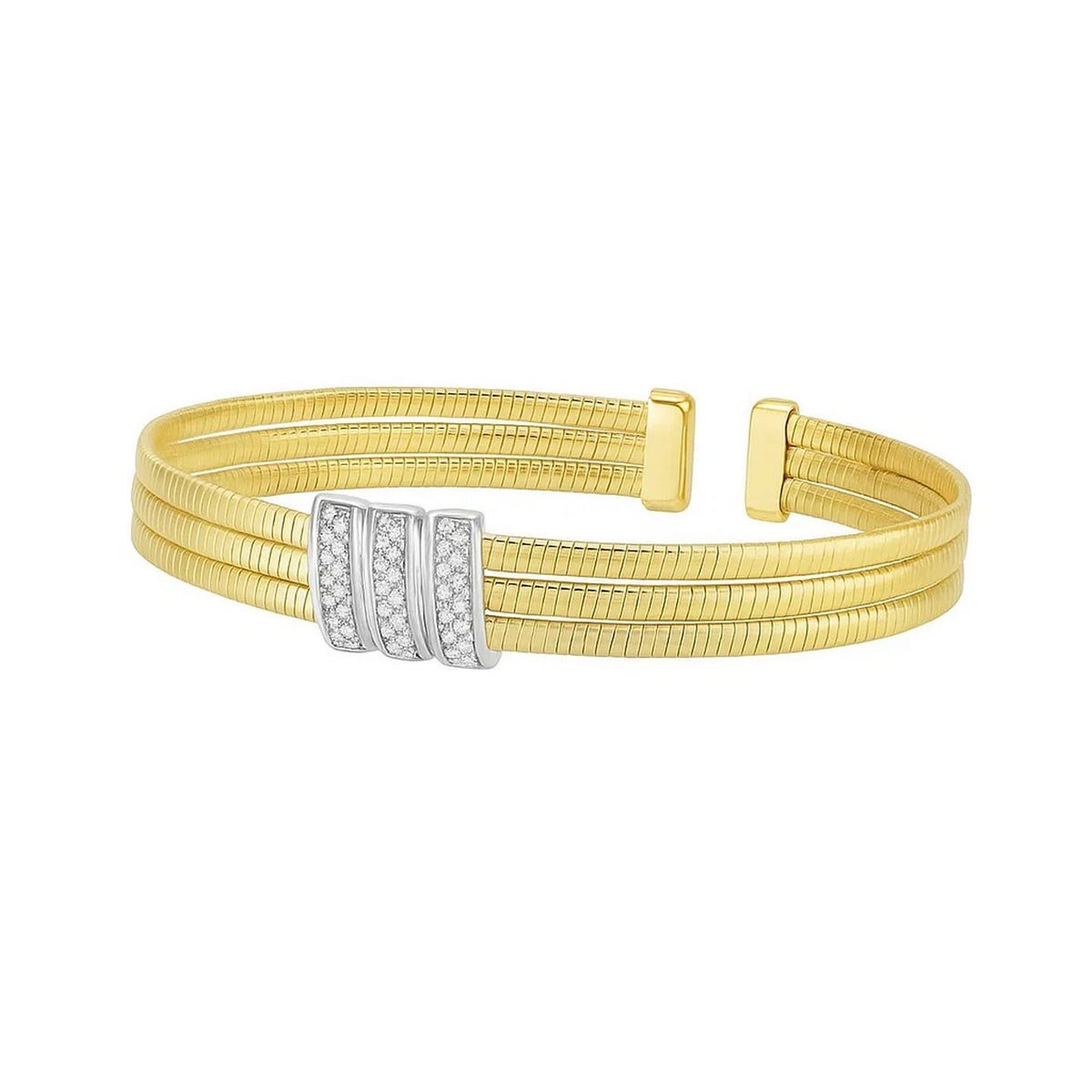 Triple Row Diamond Omega Cuff Bangle in 14K Yellow Gold