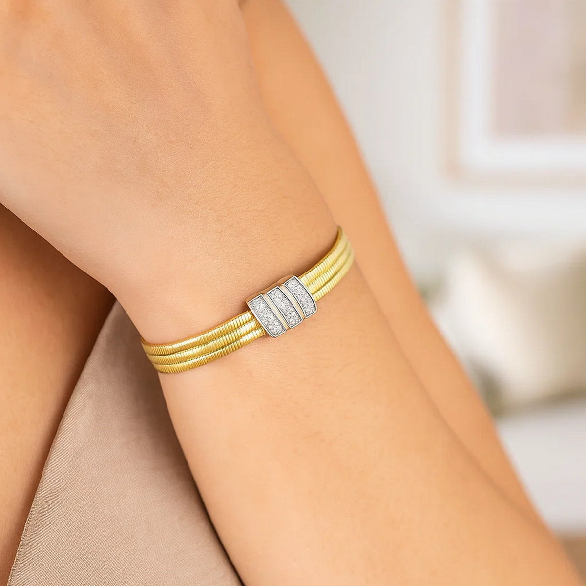 Triple Row Diamond Omega Cuff Bangle in 14K Yellow Gold, worn