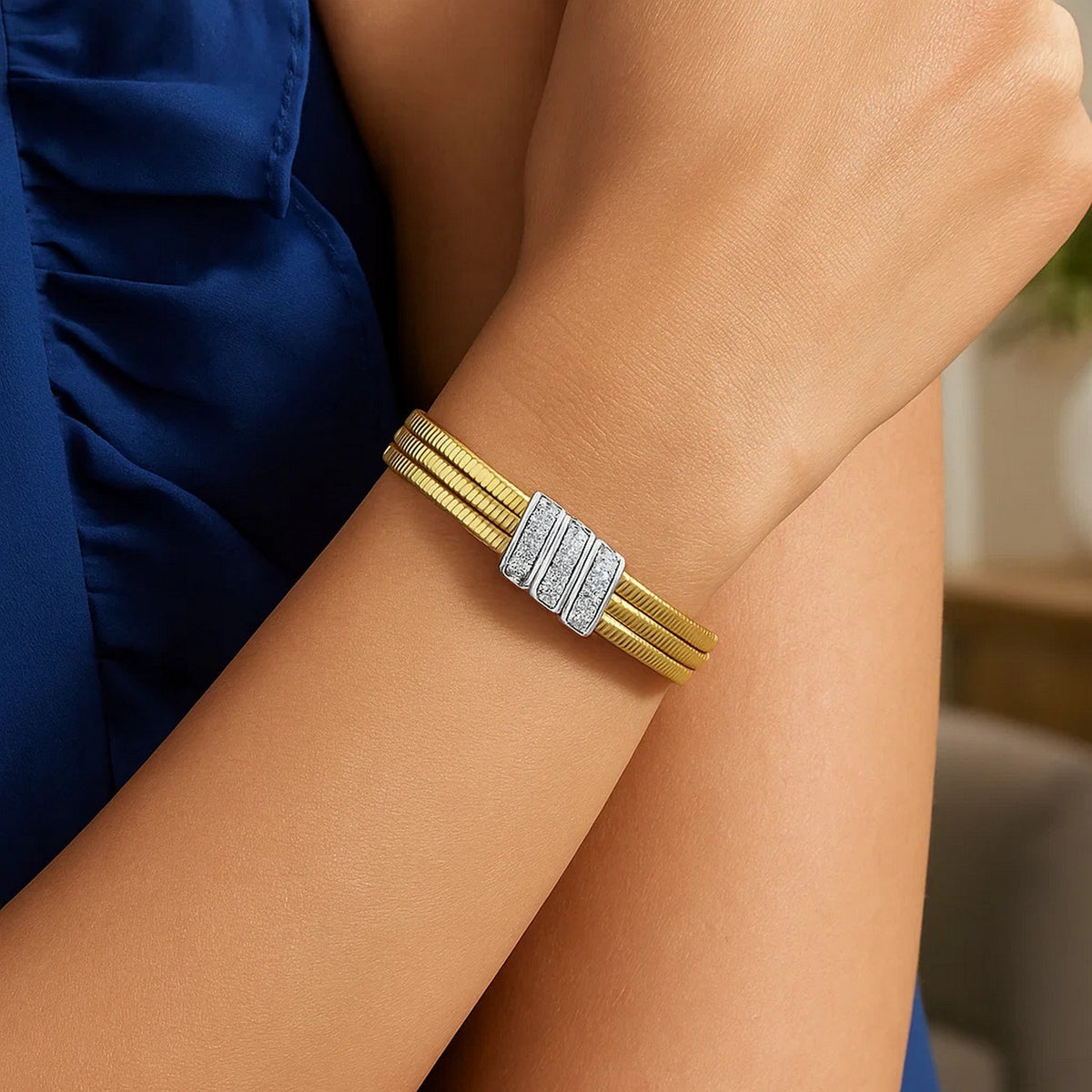 Triple Row Diamond Omega Cuff Bangle in 14K Yellow Gold, worn