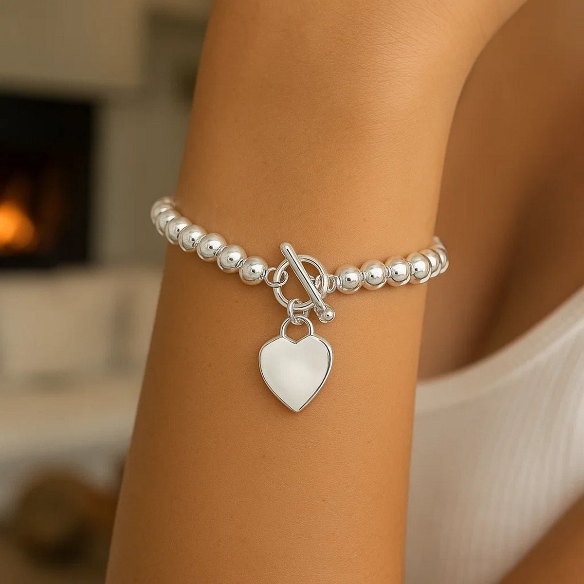 Bead Toggle Heart Bracelet in Rhodium-Plated Sterling Silver