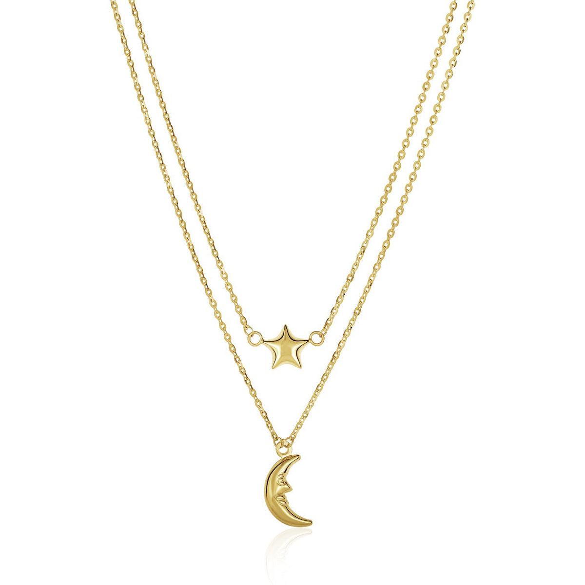 Moon and Star Double Strand Necklace in 14K Yellow Gold