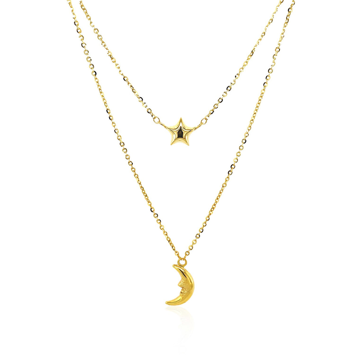 Moon and Star Double Strand Necklace in 14K Yellow Gold