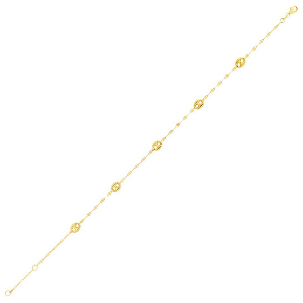 Mirror Chain & Puffed Mariner Station Anklet in 14K Yellow Gold
