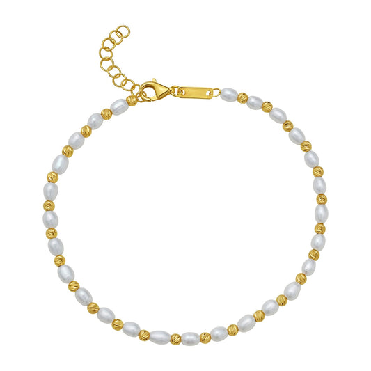 Faceted Bead and Freshwater Pearl Bracelet in 14K Yellow Gold