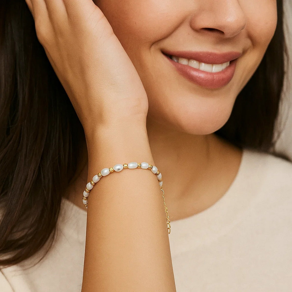 Faceted Bead and Freshwater Pearl Bracelet in 14K Yellow Gold, worn