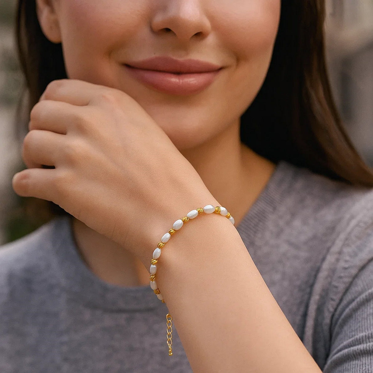 Faceted Bead and Freshwater Pearl Bracelet in 14K Yellow Gold, worn