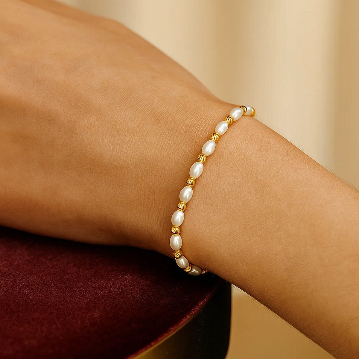 Faceted Bead and Freshwater Pearl Bracelet in 14K Yellow Gold, worn
