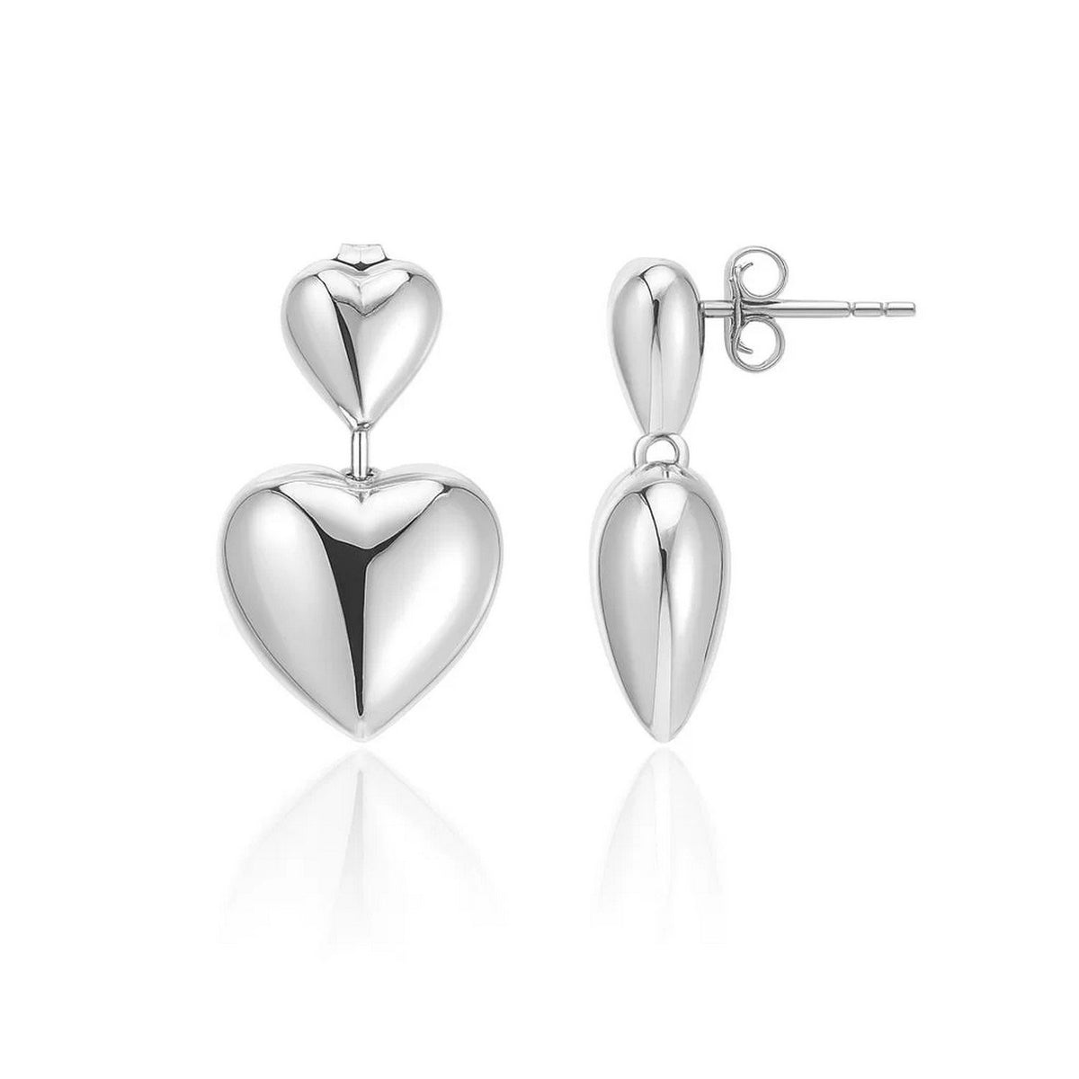 Puffed Double Heart Drop Earrings in Rhodium-Plated Sterling Silver