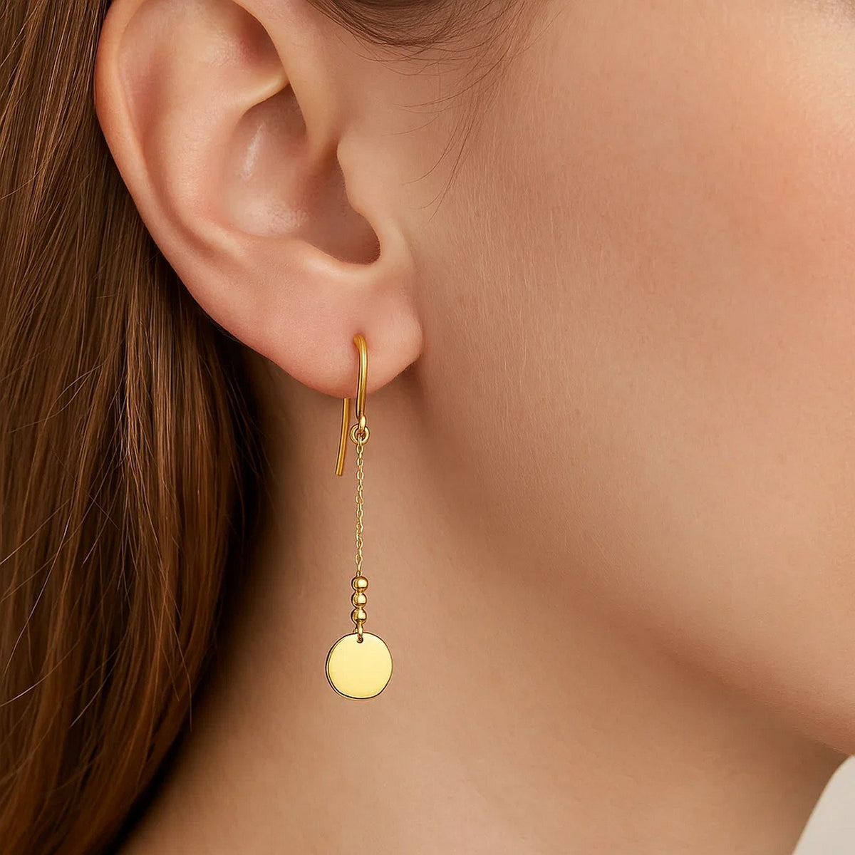 Bead and Disc Chain Drop Earrings in 14K Yellow Gold, worn