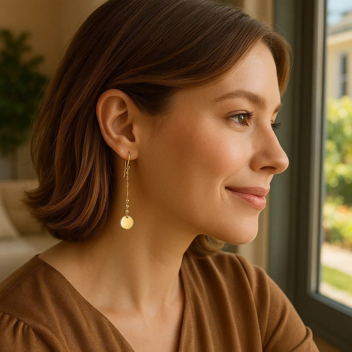 Bead and Disc Chain Drop Earrings in 14K Yellow Gold, worn
