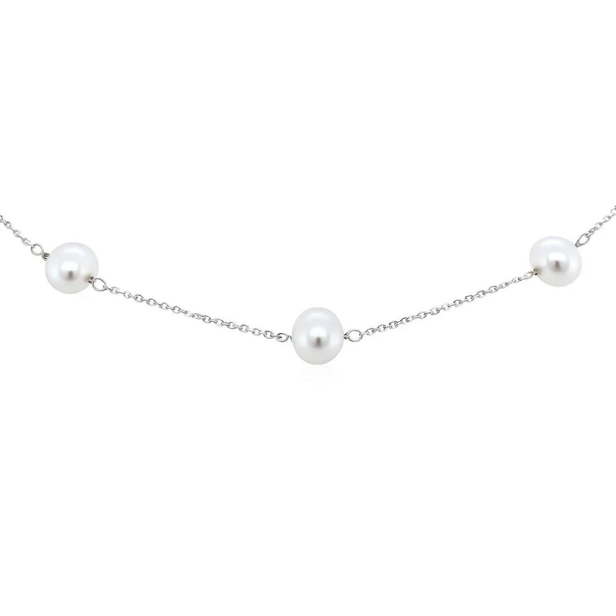 Pearl Station Necklace in 14K White Gold