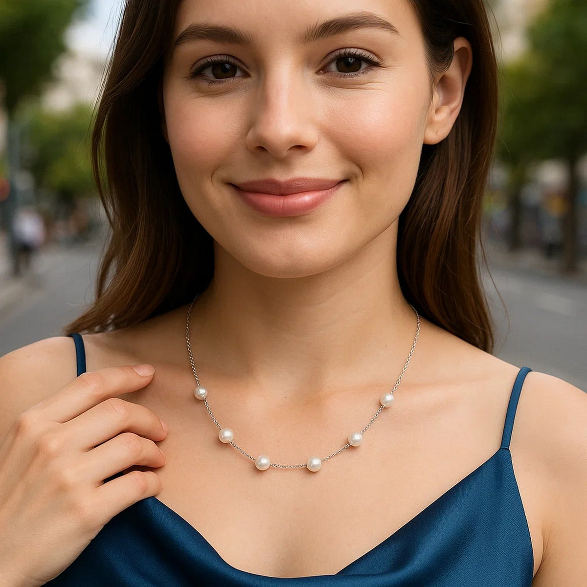 Pearl Station Necklace in 14K White Gold, worn
