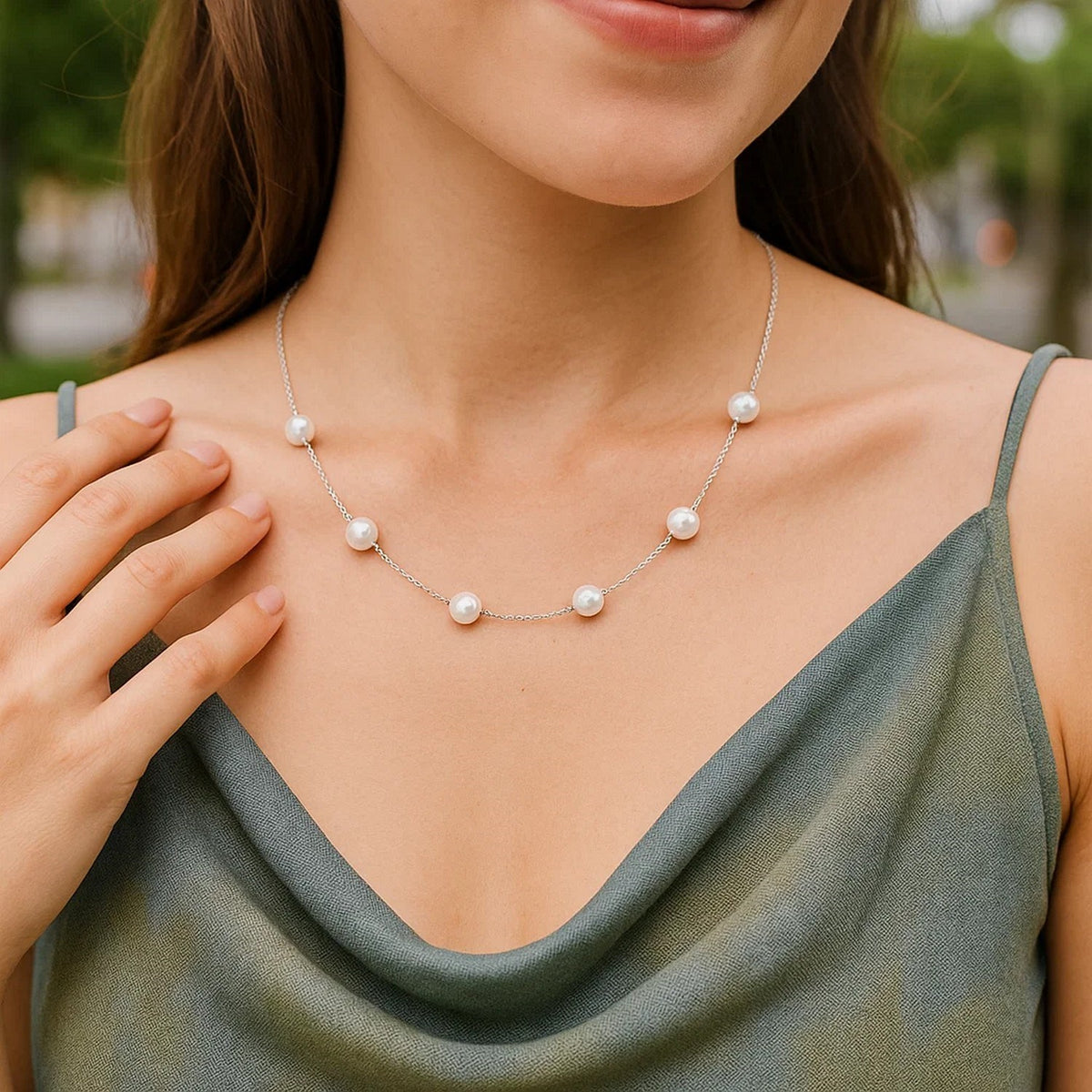 Pearl Station Necklace in 14K White Gold, worn