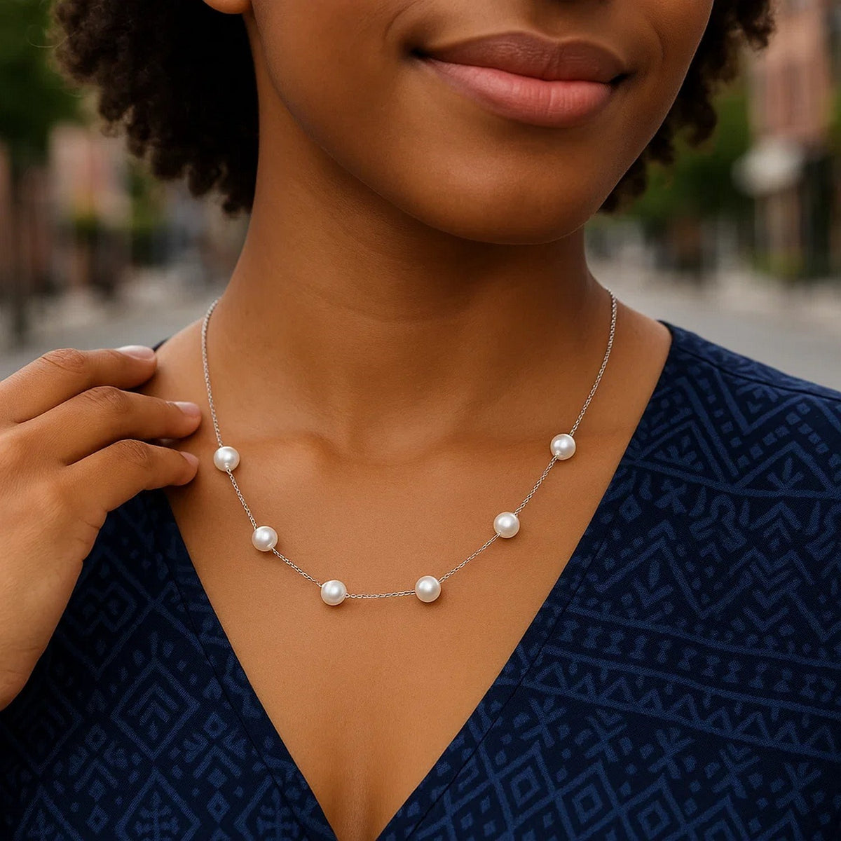 Pearl Station Necklace in 14K White Gold, worn