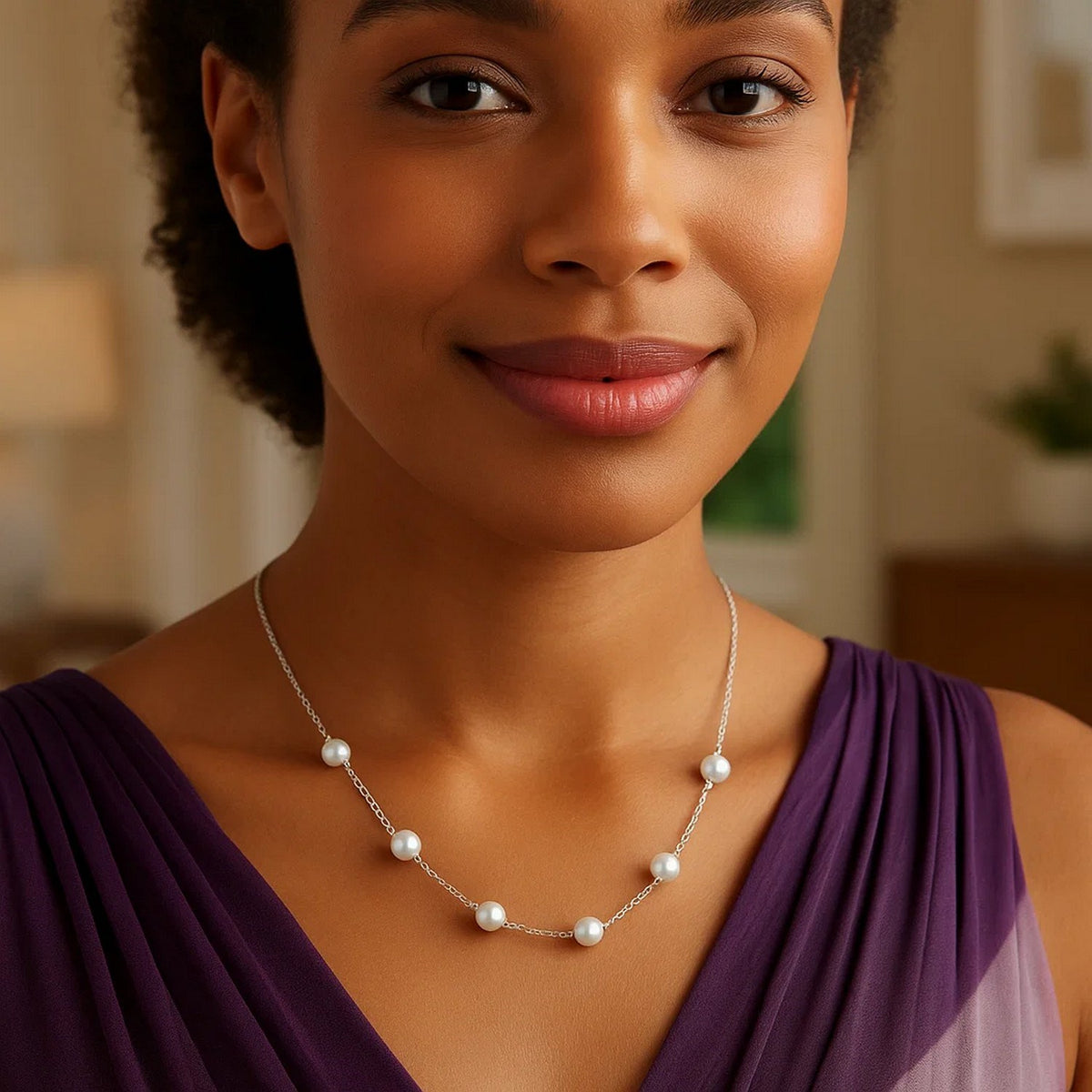 Pearl Station Necklace in 14K White Gold, worn