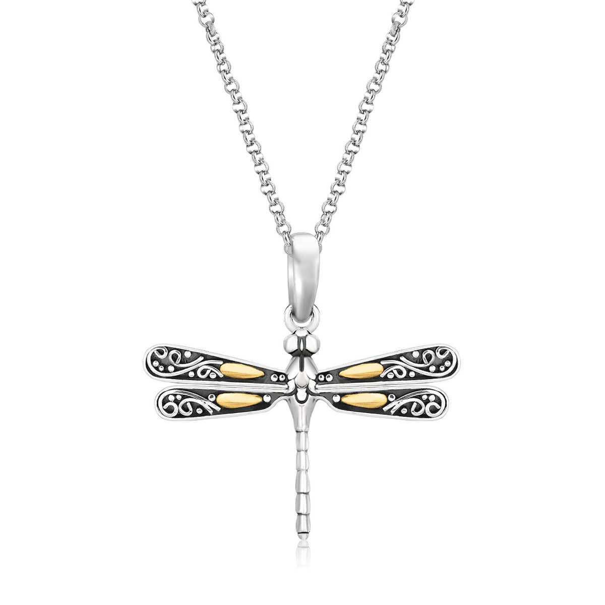 Dragonfly Pendant Necklace in Sterling Silver and 18K Gold