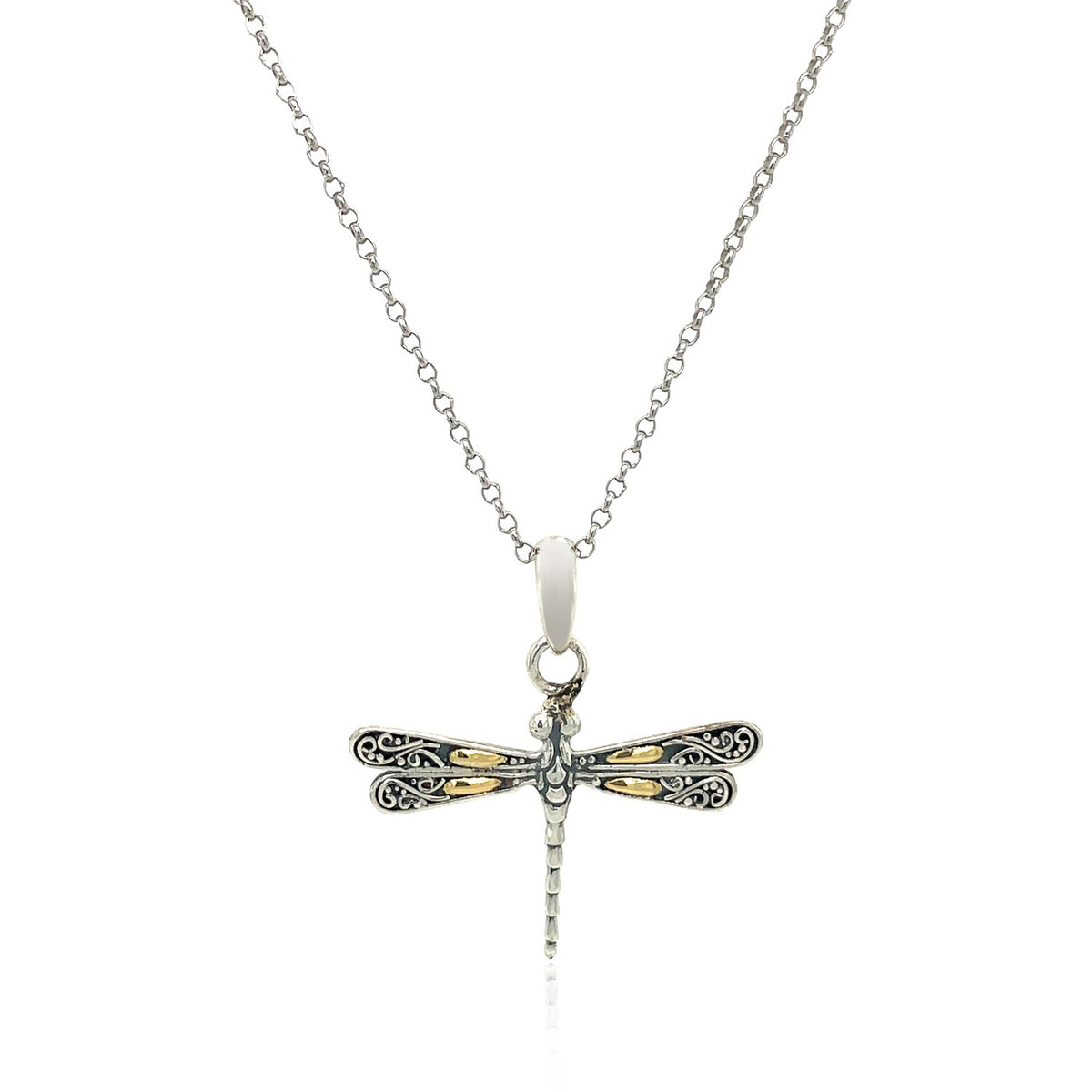 Dragonfly Pendant Necklace in Sterling Silver and 18K Gold