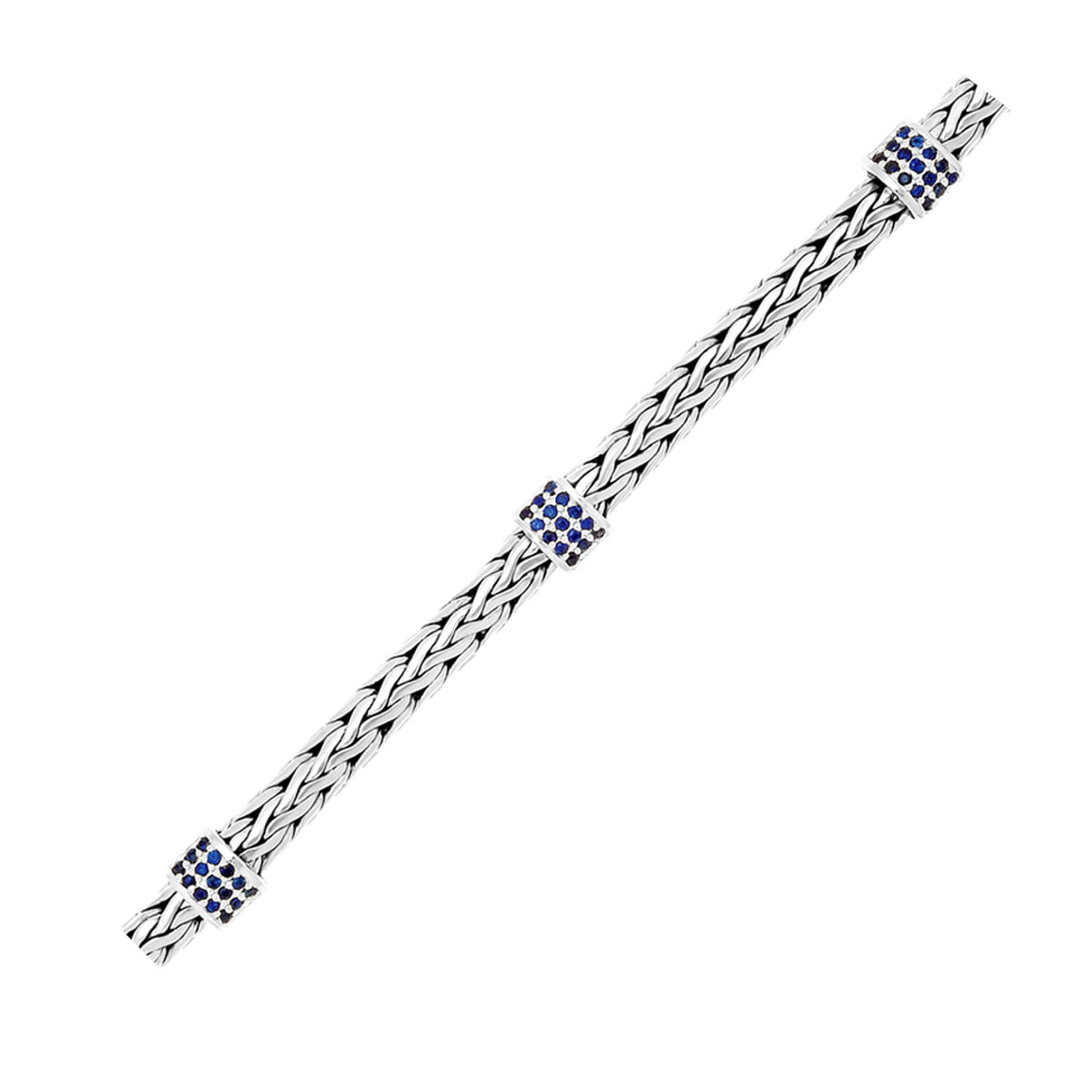 Woven Bracelet with Blue Sapphire Stations in Sterling Silver (6.35 mm)