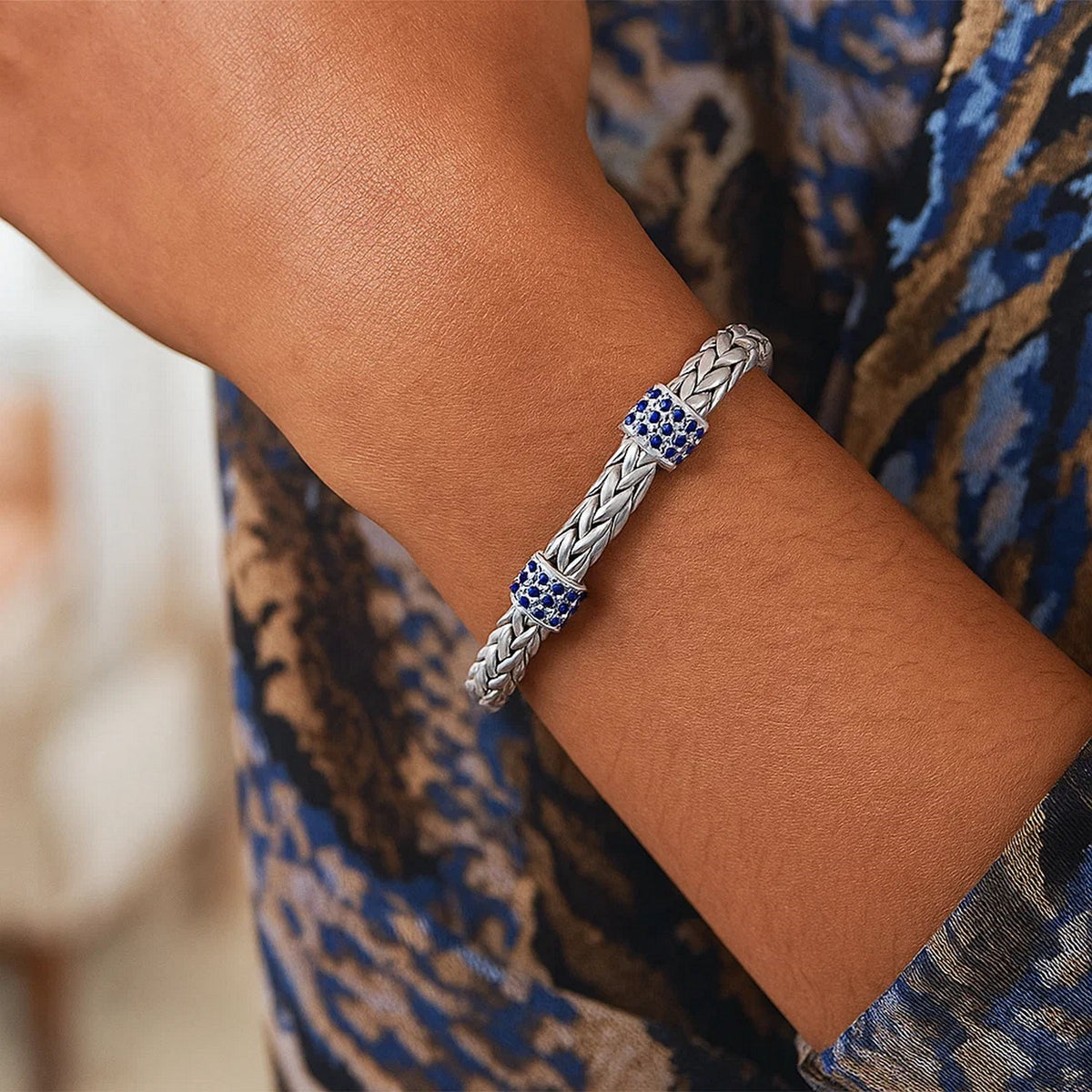 Woven Bracelet with Blue Sapphire Stations in Sterling Silver (6.35 mm)