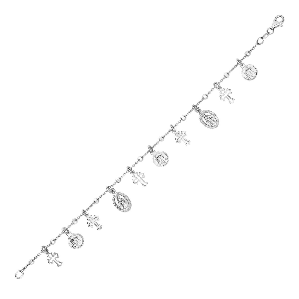 7 1/4 inch Bracelet with Crosses and Religious Medal Charms in Sterling Silver