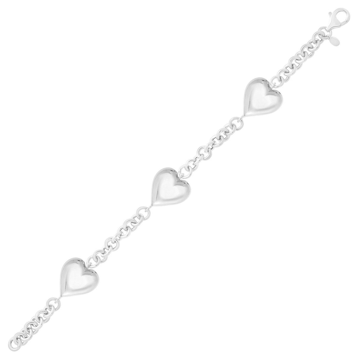 Puffed Triple Heart Bracelet in Rhodium-Plated Sterling Silver