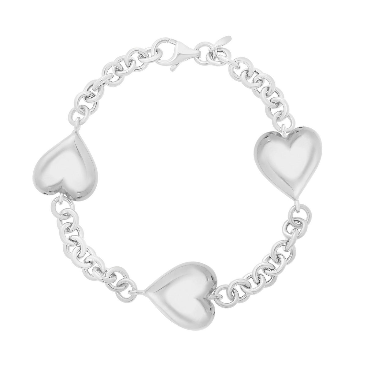 Puffed Triple Heart Bracelet in Rhodium-Plated Sterling Silver