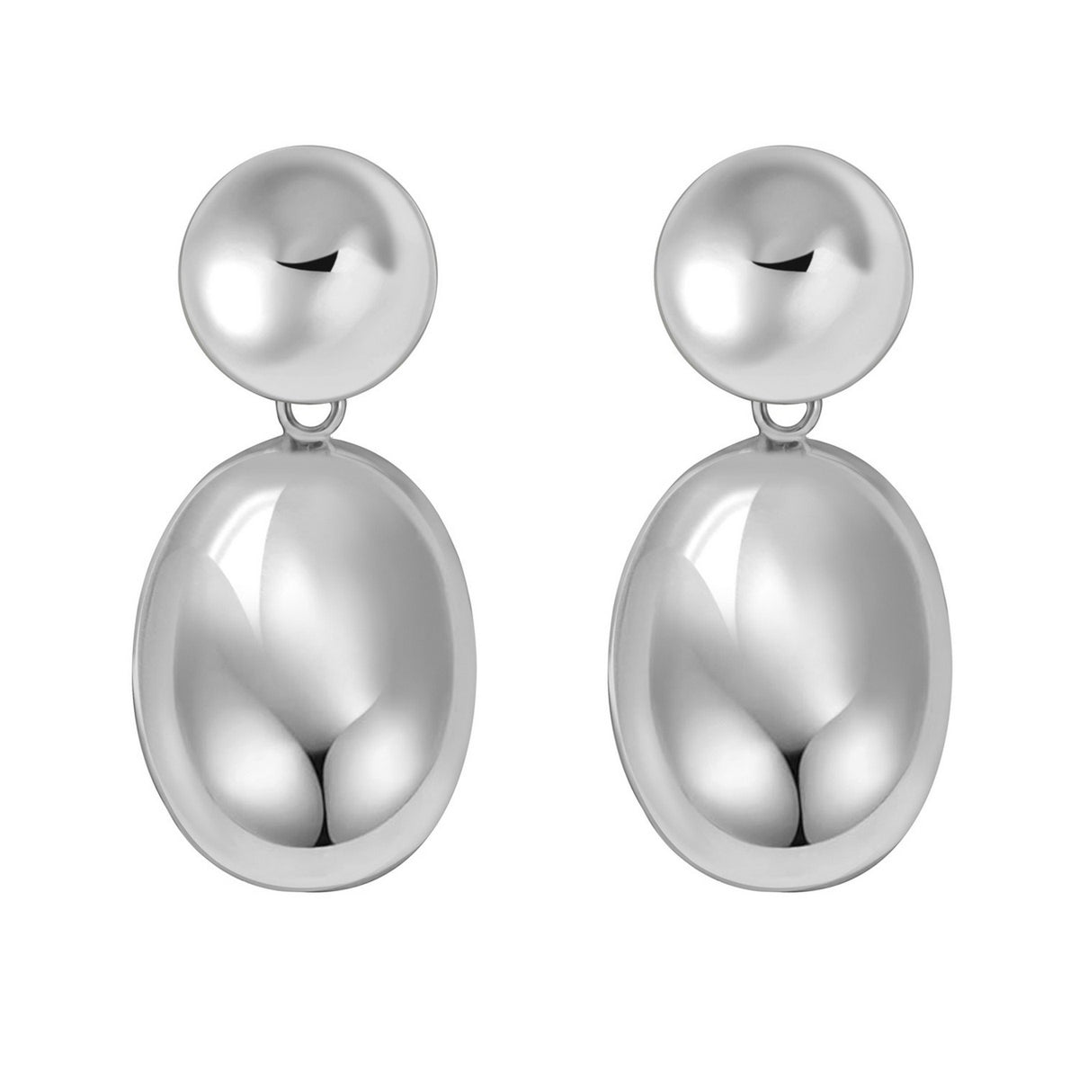 Puffed Oval Double Button Drop Earrings in Rhodium-Plated Sterling Silver