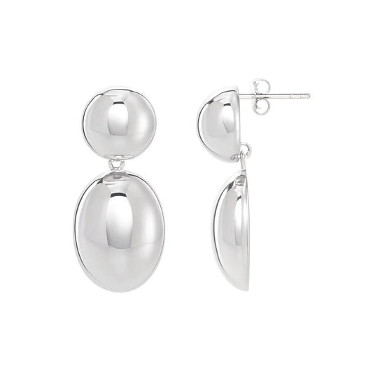 Puffed Oval Double Button Drop Earrings in Rhodium-Plated Sterling Silver