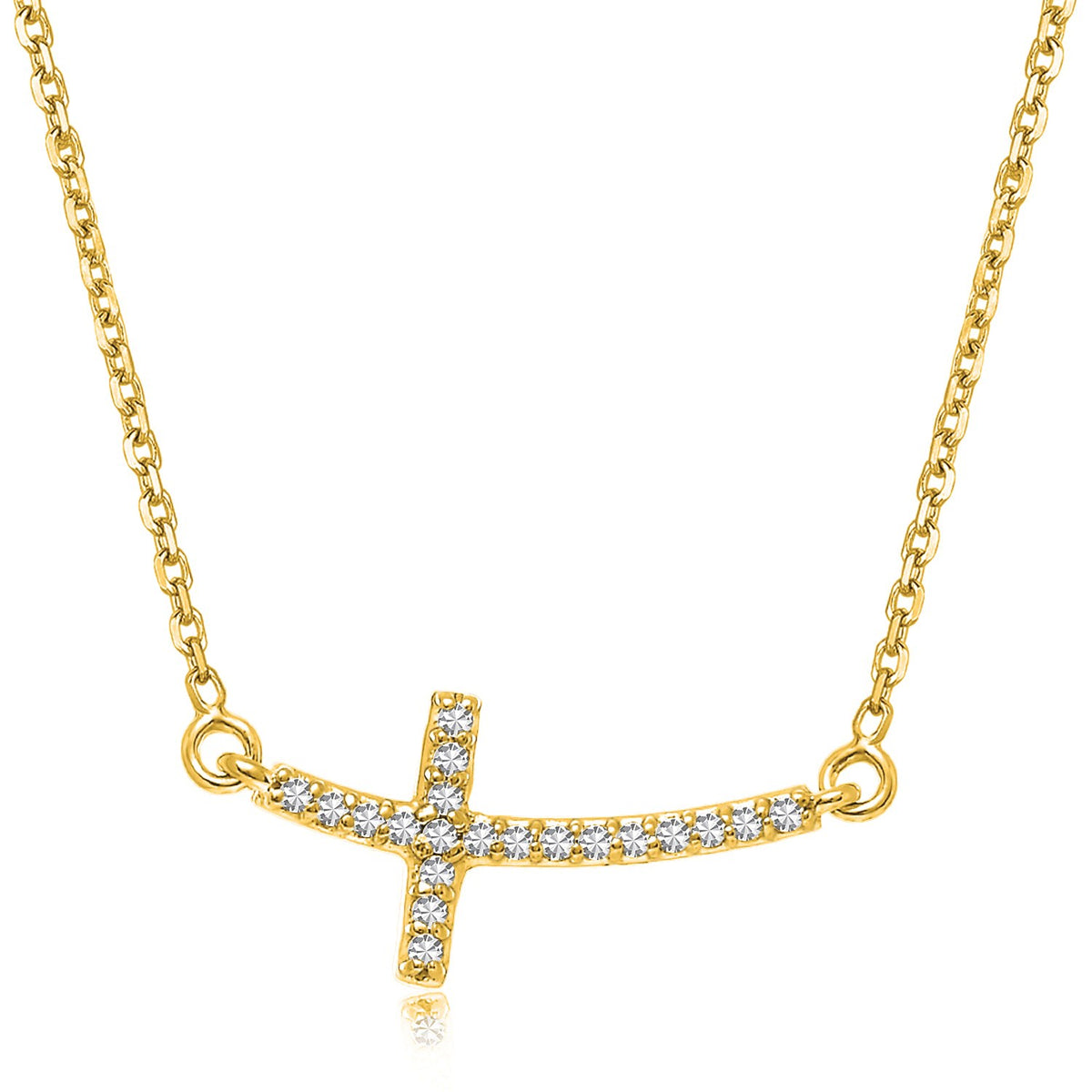 Diamond Accented Curved Cross Necklace in 14K Yellow Gold (.11cttw)