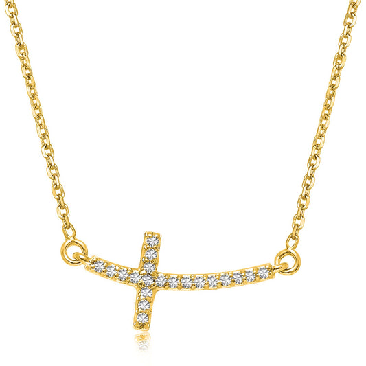 Diamond Accented Curved Cross Necklace in 14K Yellow Gold (.11cttw)