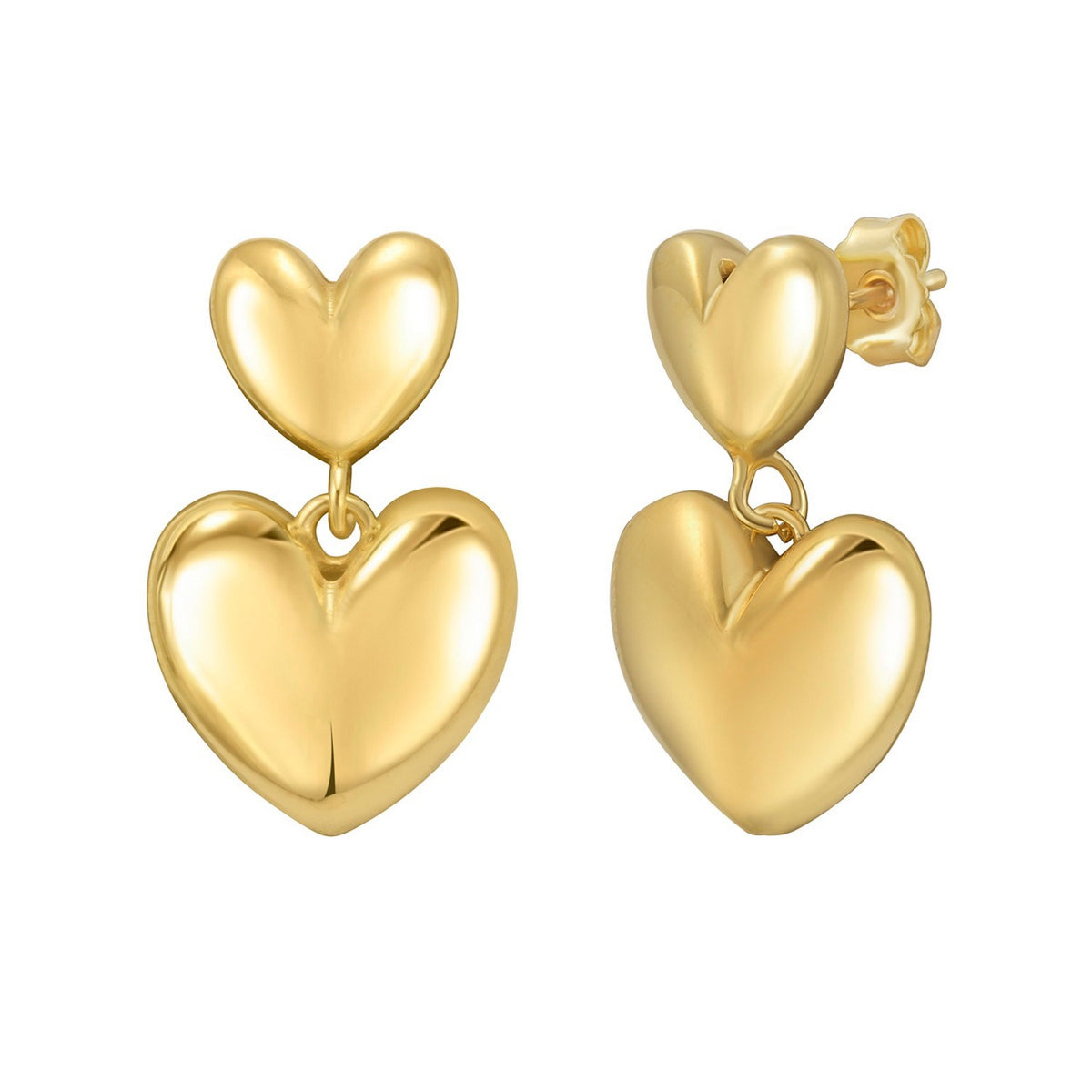 Puffed Double Heart Drop Earrings in Yellow Gold-Plated Sterling Silver