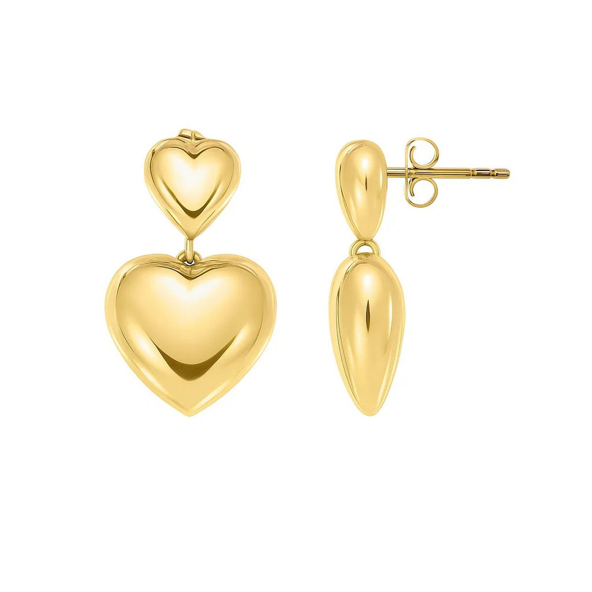 Puffed Double Heart Drop Earrings in Yellow Gold-Plated Sterling Silver