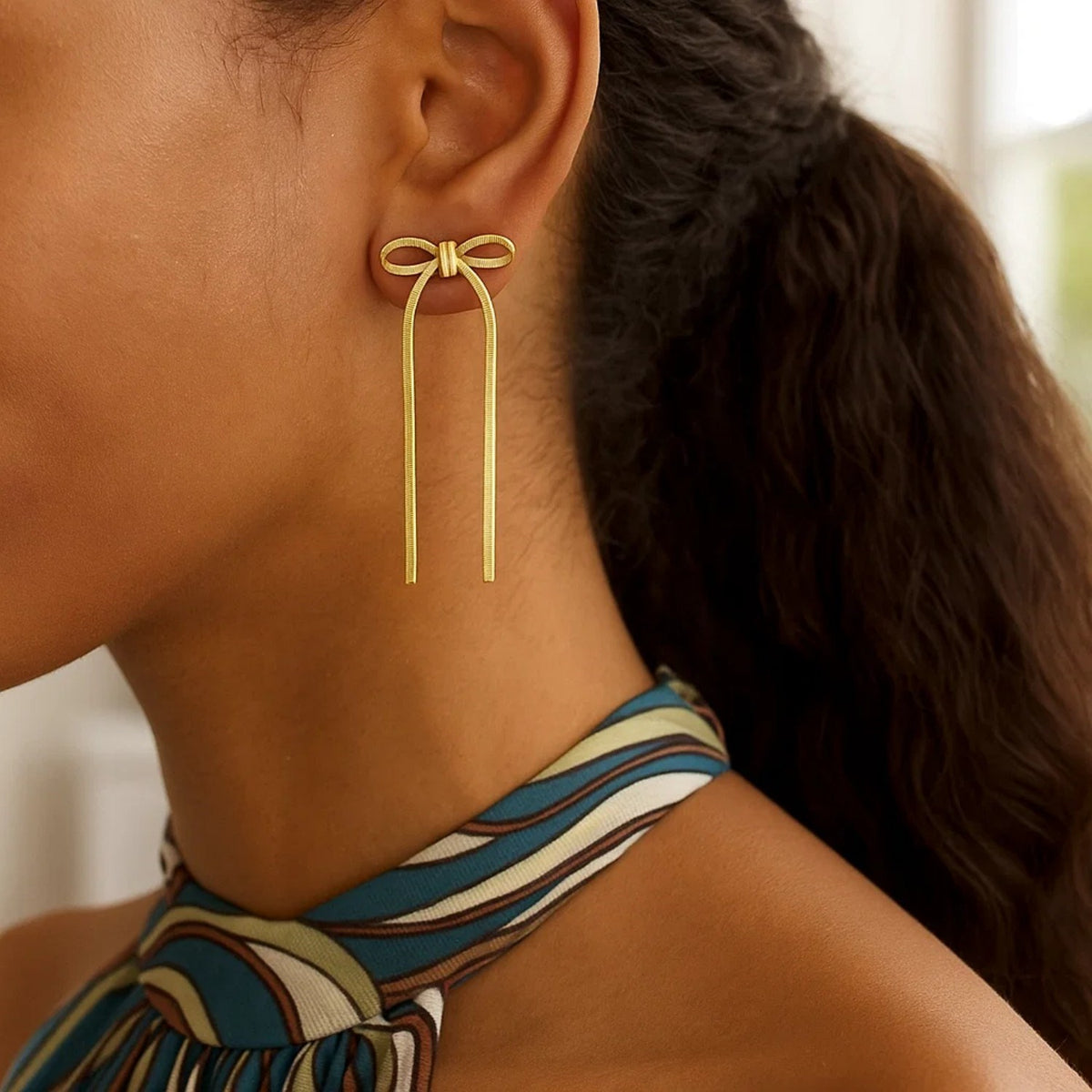 Snake Chain Drop Dangle Bow Earrings in Yellow Gold-Plated Sterling Silver