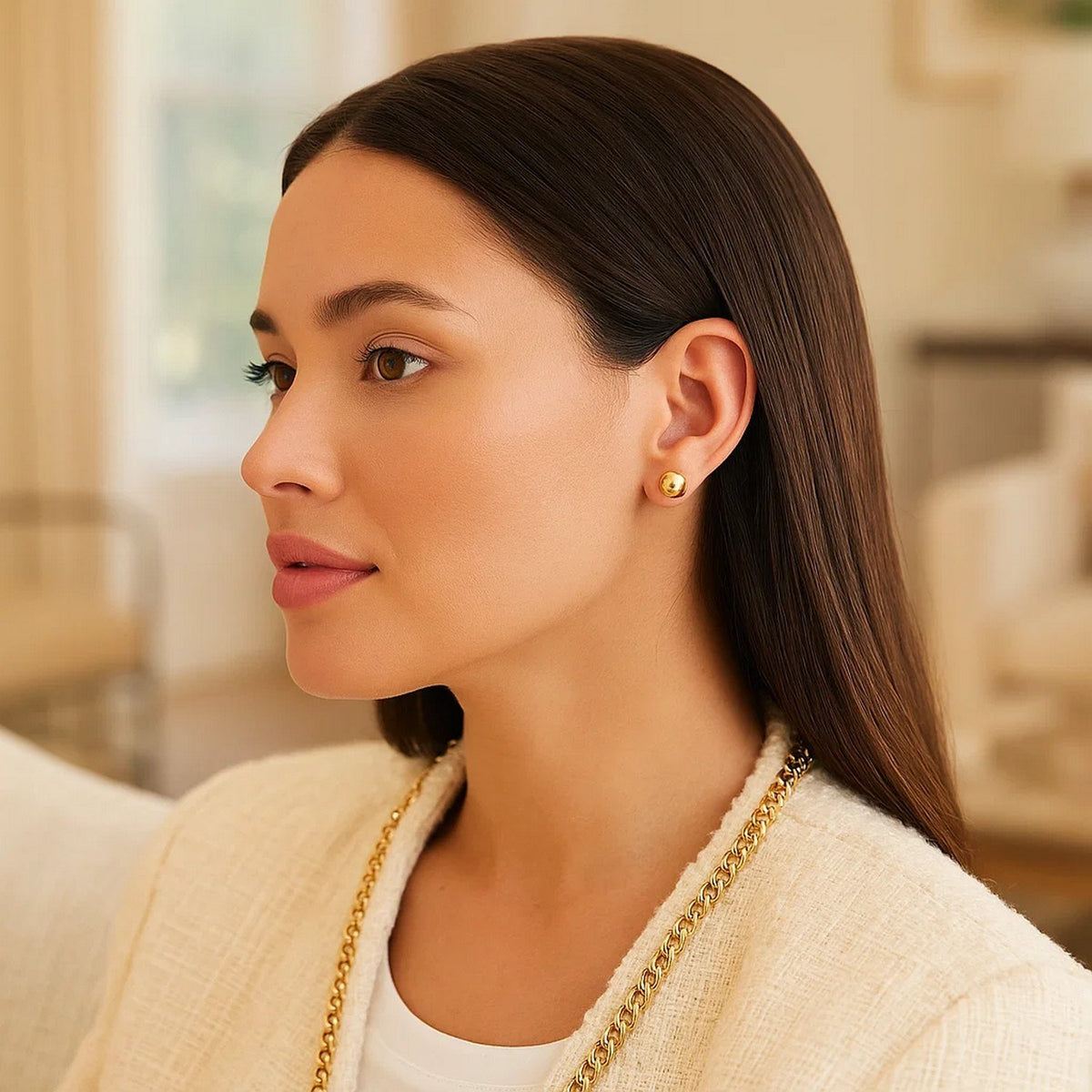 Polished Ball Stud Earrings in 14K Yellow Gold, worn
