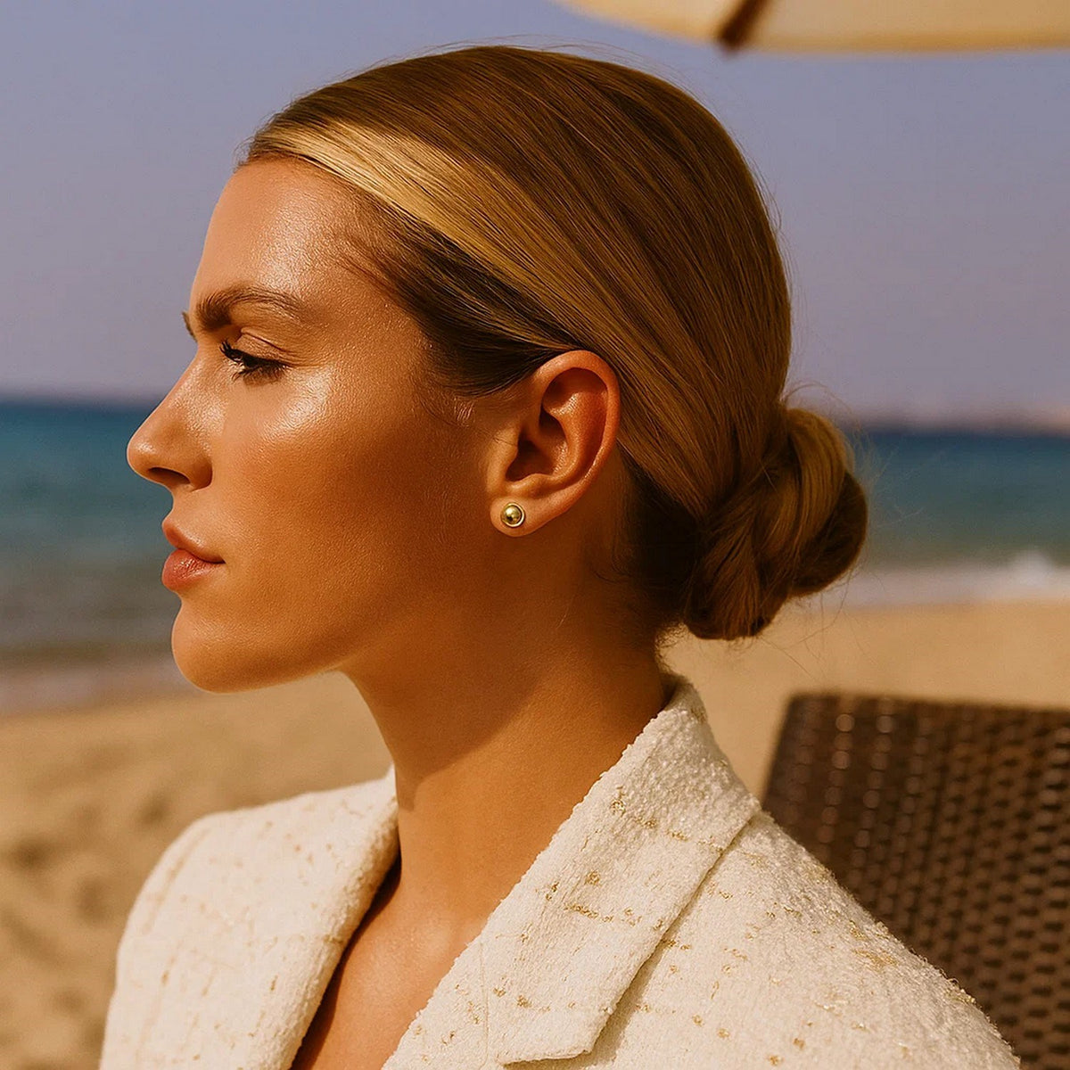 Polished Ball Stud Earrings in 14K Yellow Gold, worn
