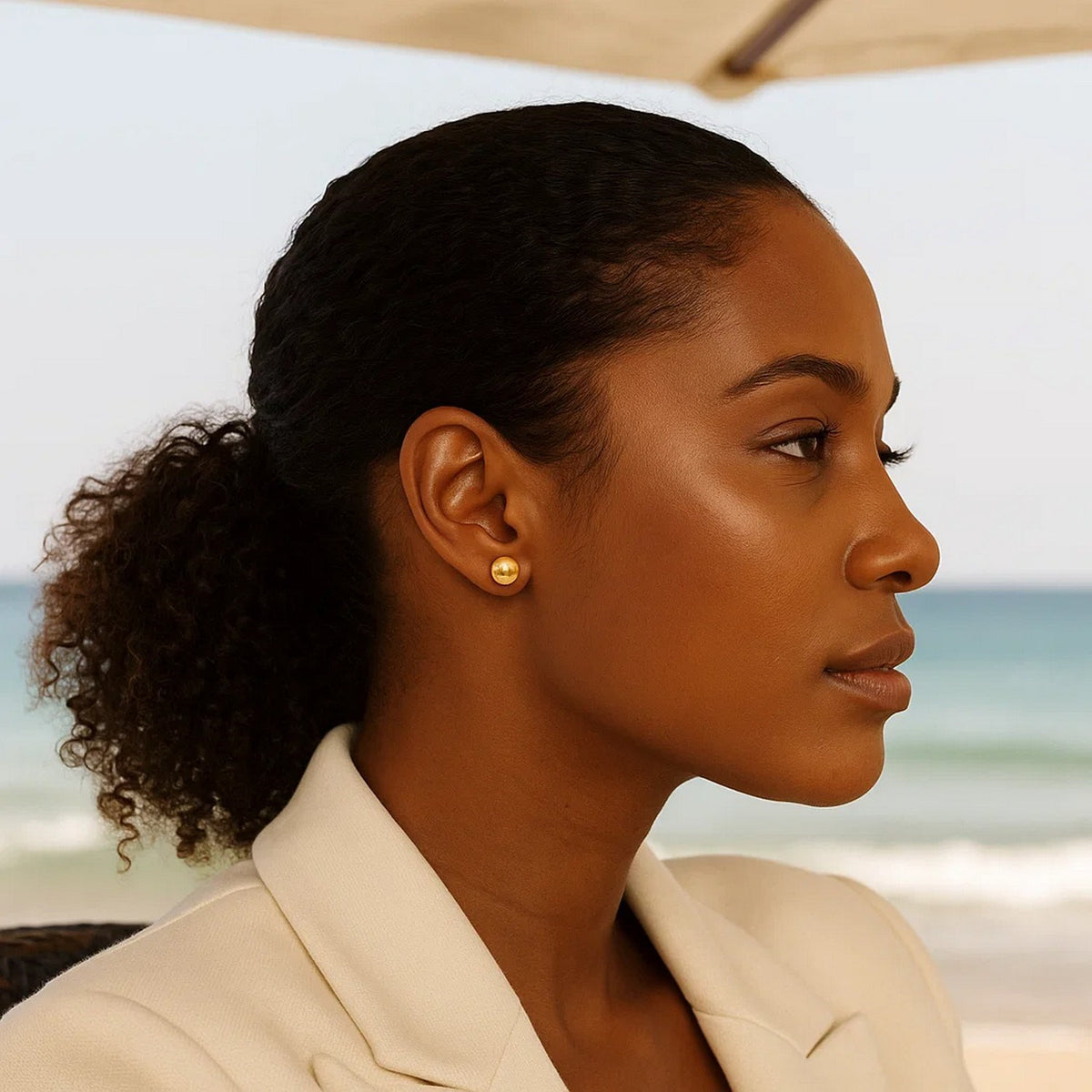 Polished Ball Stud Earrings in 14K Yellow Gold, worn