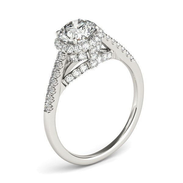 Round Cut Pave Set Shank Diamond Engagement Ring in 14K White Gold (1 3/8 cttw)