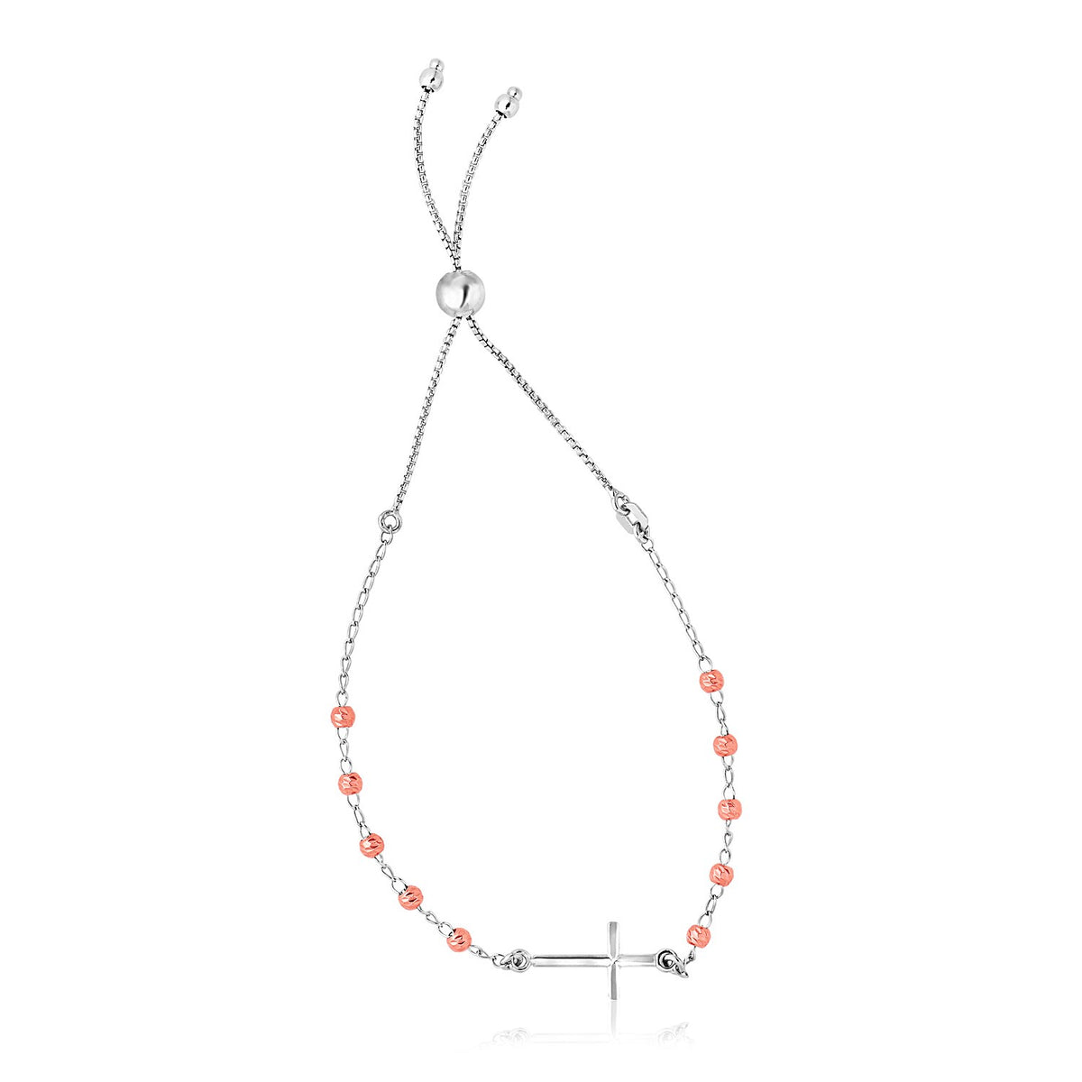 Adjustable Bracelet with Cross in White & Rose Finish Sterling Silver (1.20 mm)