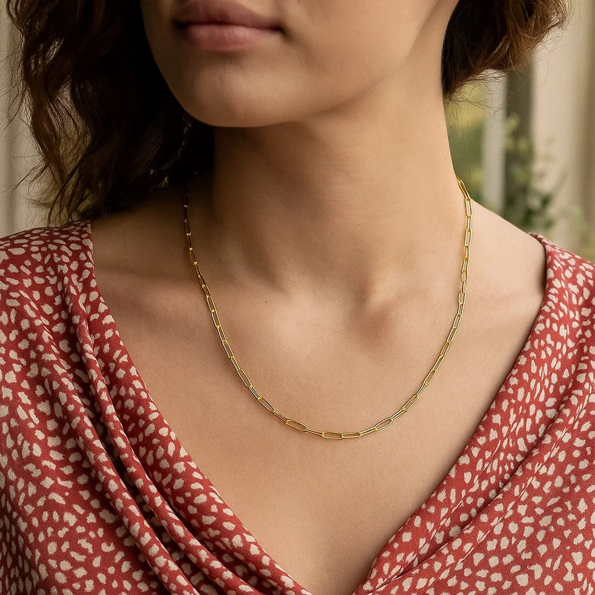 Fine Paperclip Chain Necklace in 14K Yellow Gold, worn