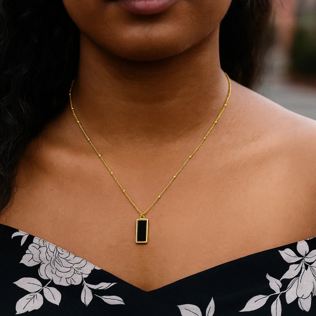 Black Onyx Rectangle Necklace in 14K Yellow Gold, worn